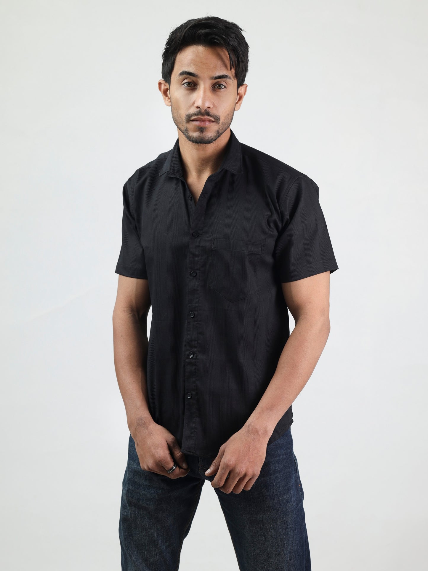 Straight Line Textured Half Sleeve Black Shirt