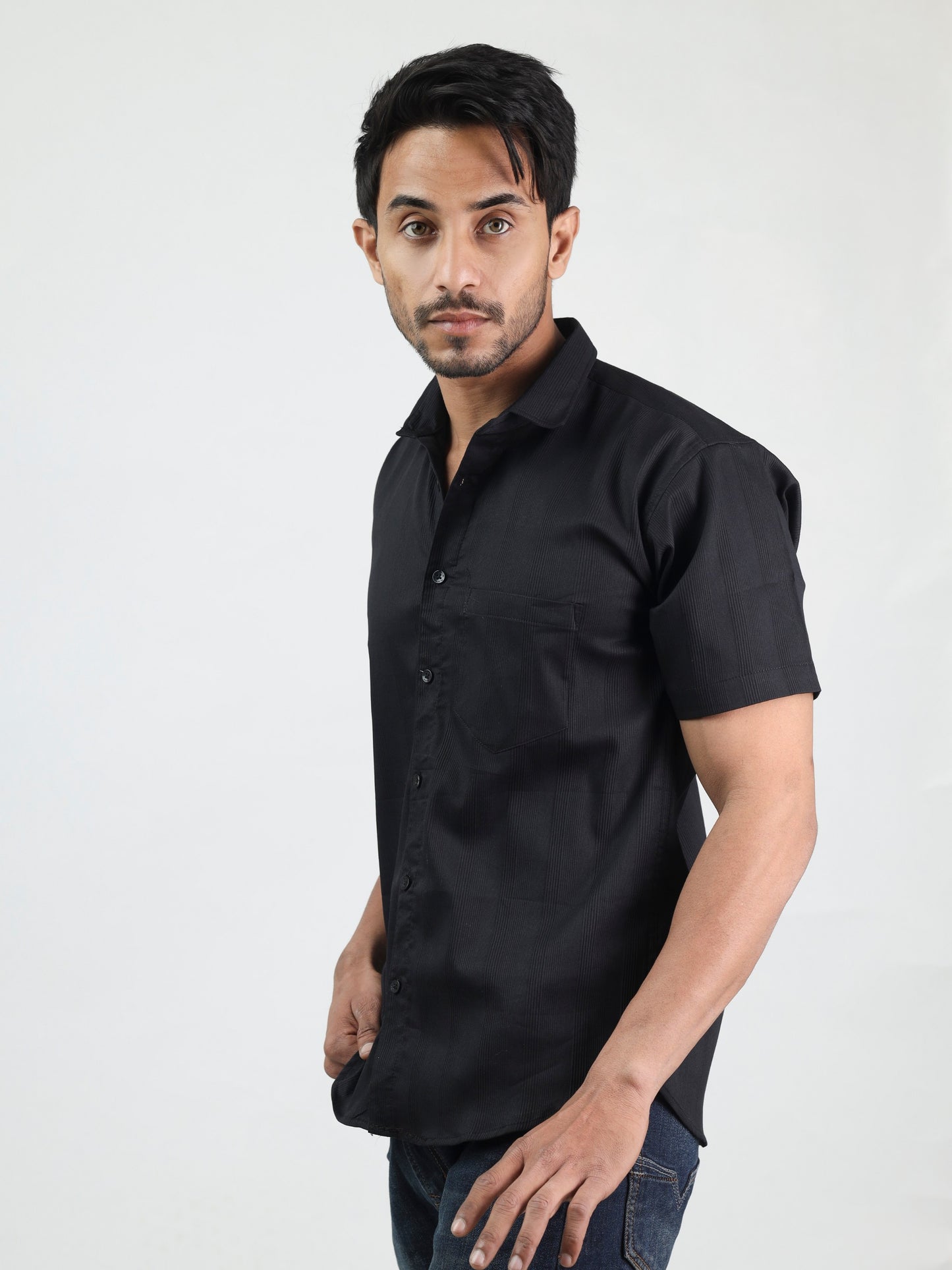 Black N Black Straight Line Textured Half Sleeve Black Shirt