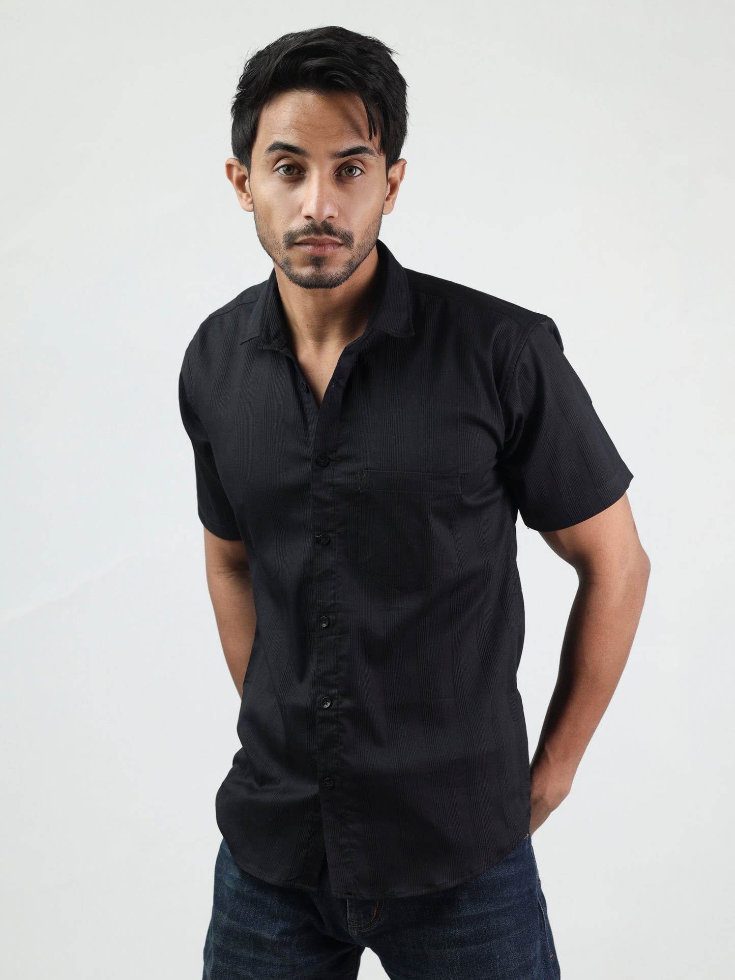 Black N Black Straight Line Textured Half Sleeve Black Shirt
