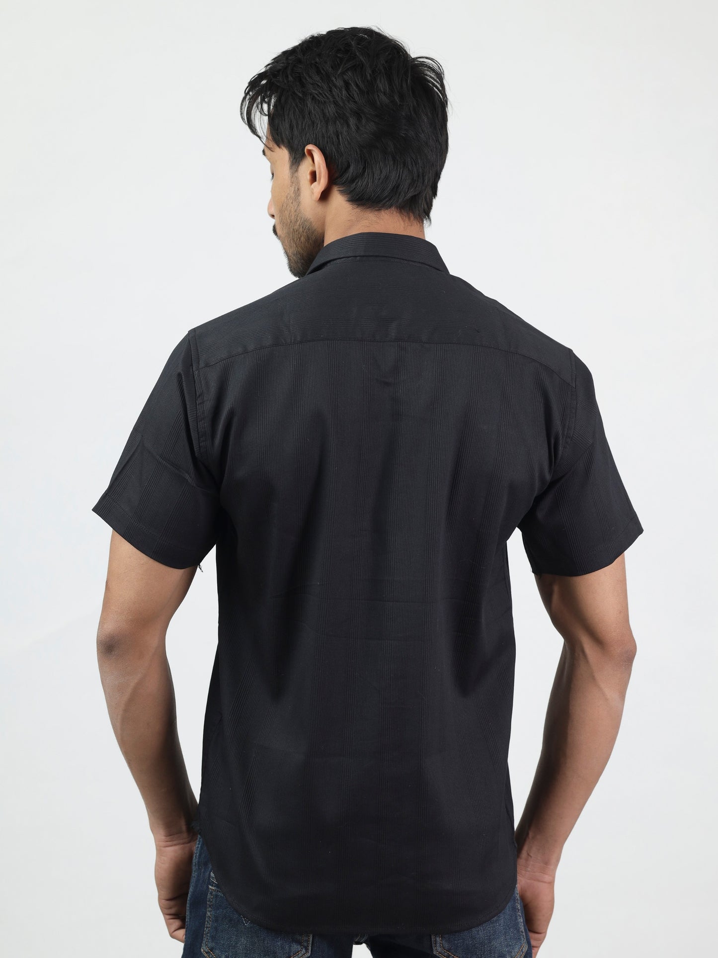 Black N Black Straight Line Textured Half Sleeve Black Shirt