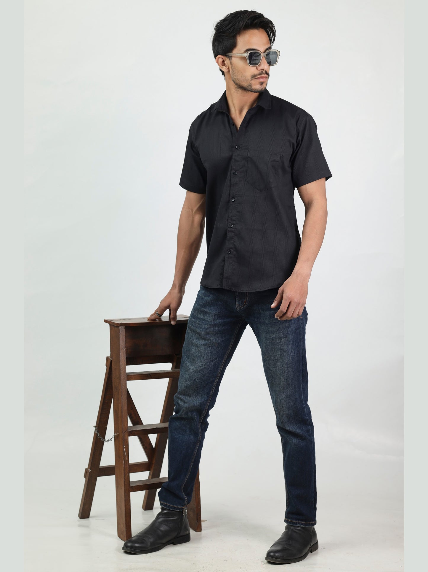 Black N Black Straight Line Textured Half Sleeve Black Shirt