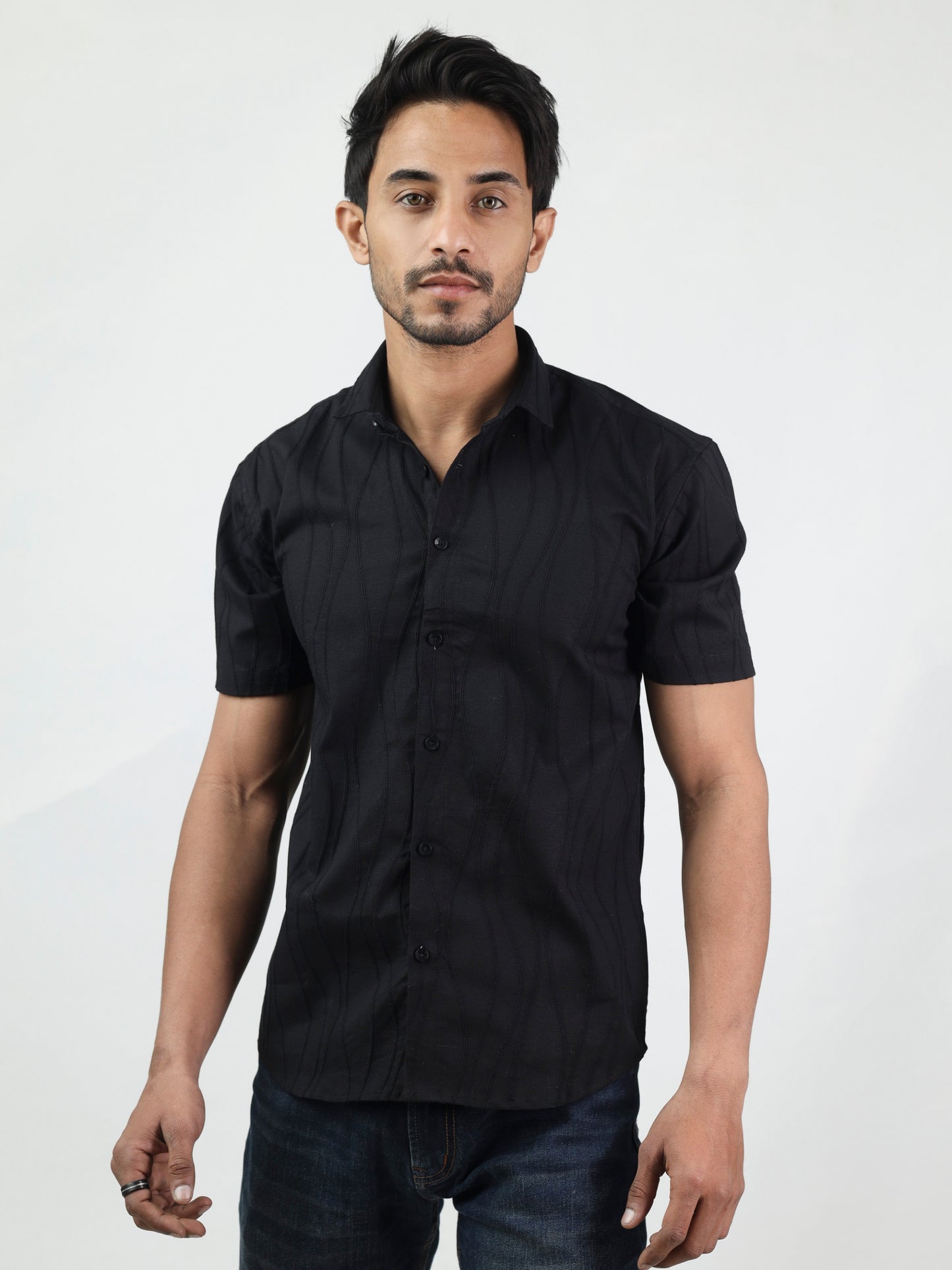 Wave Textured Half Sleeve Black Shirt