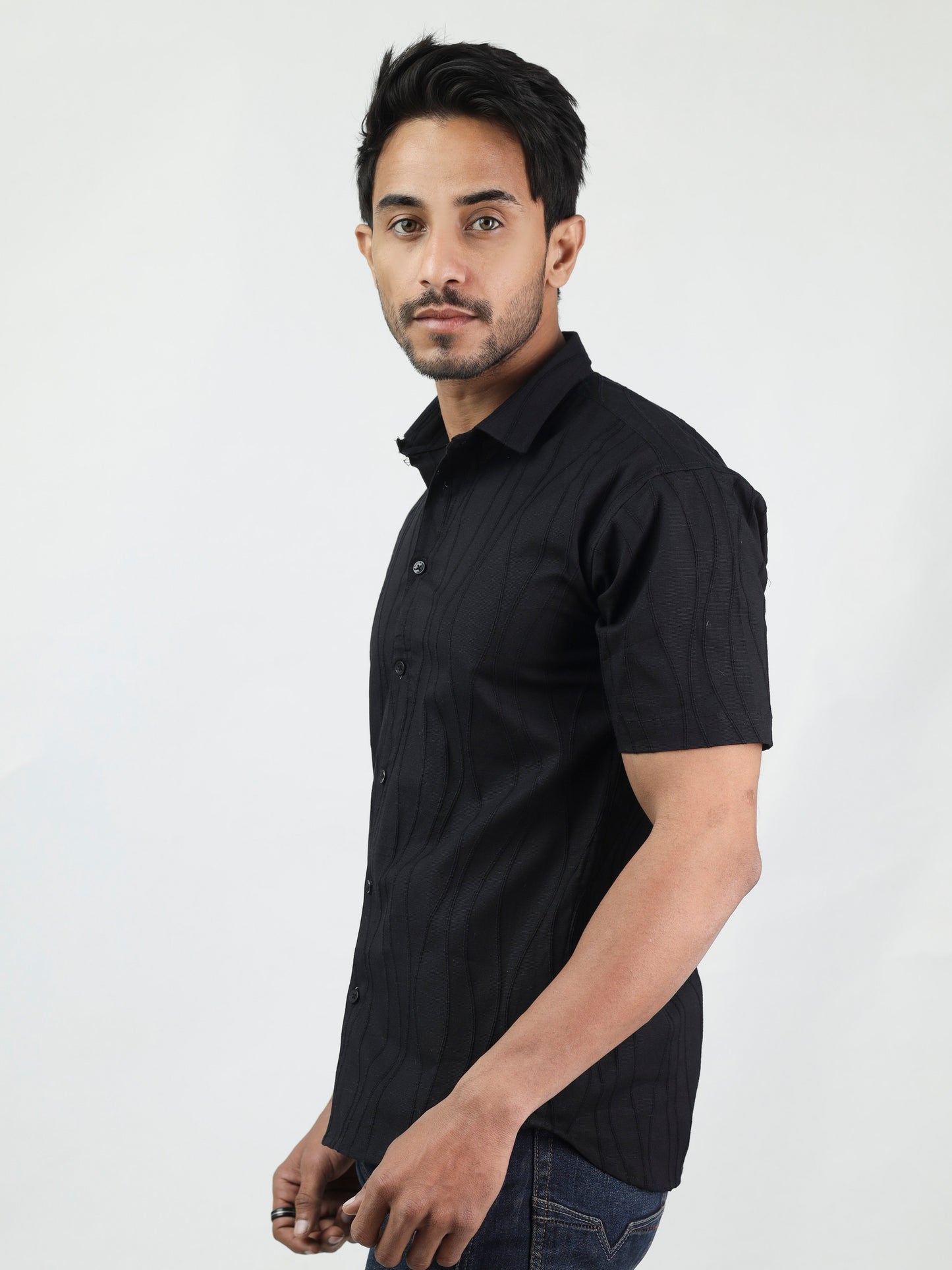 Black N Black Wave Textured Half Sleeve Black Shirt
