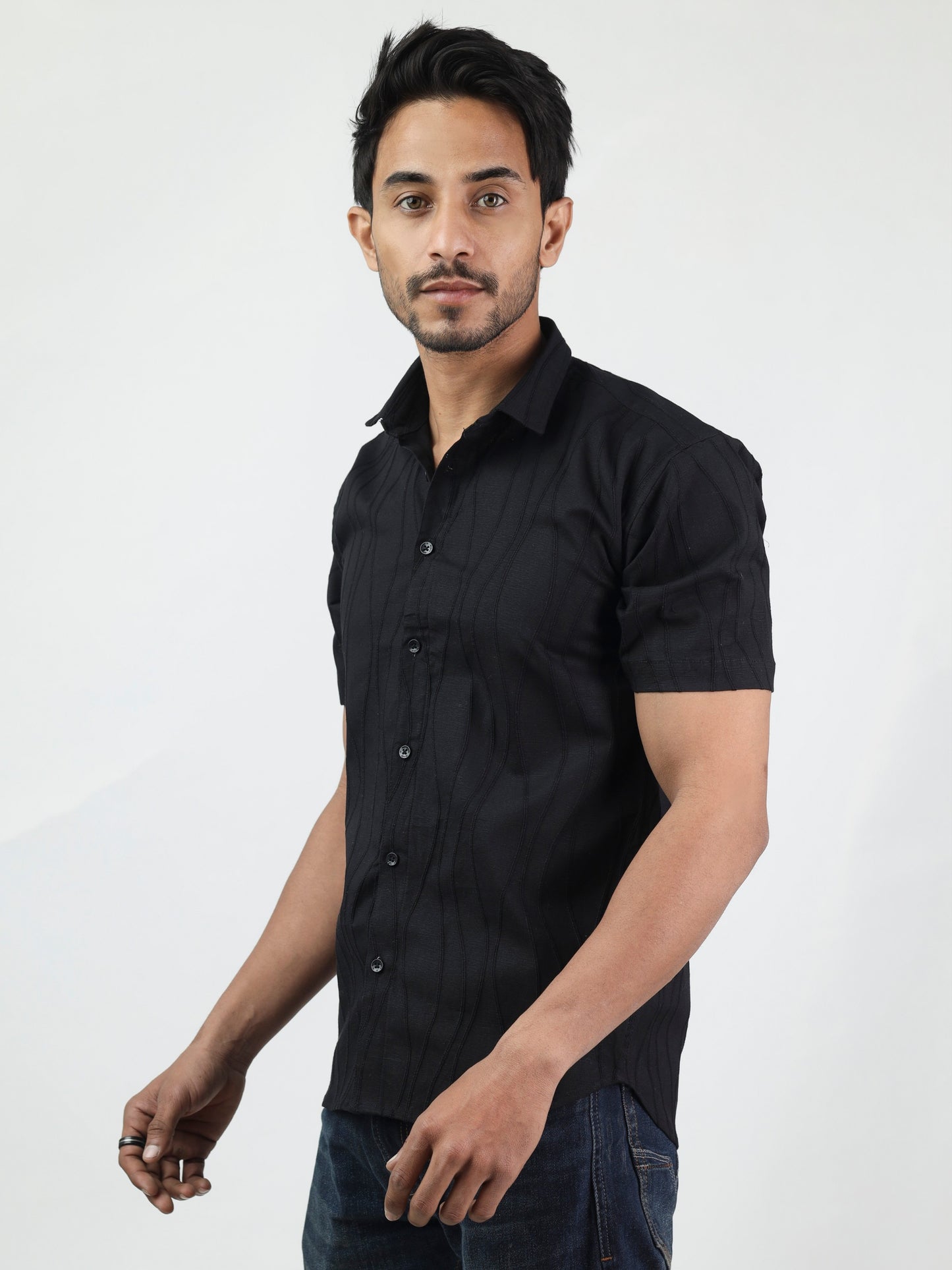 Black N Black Wave Textured Half Sleeve Black Shirt