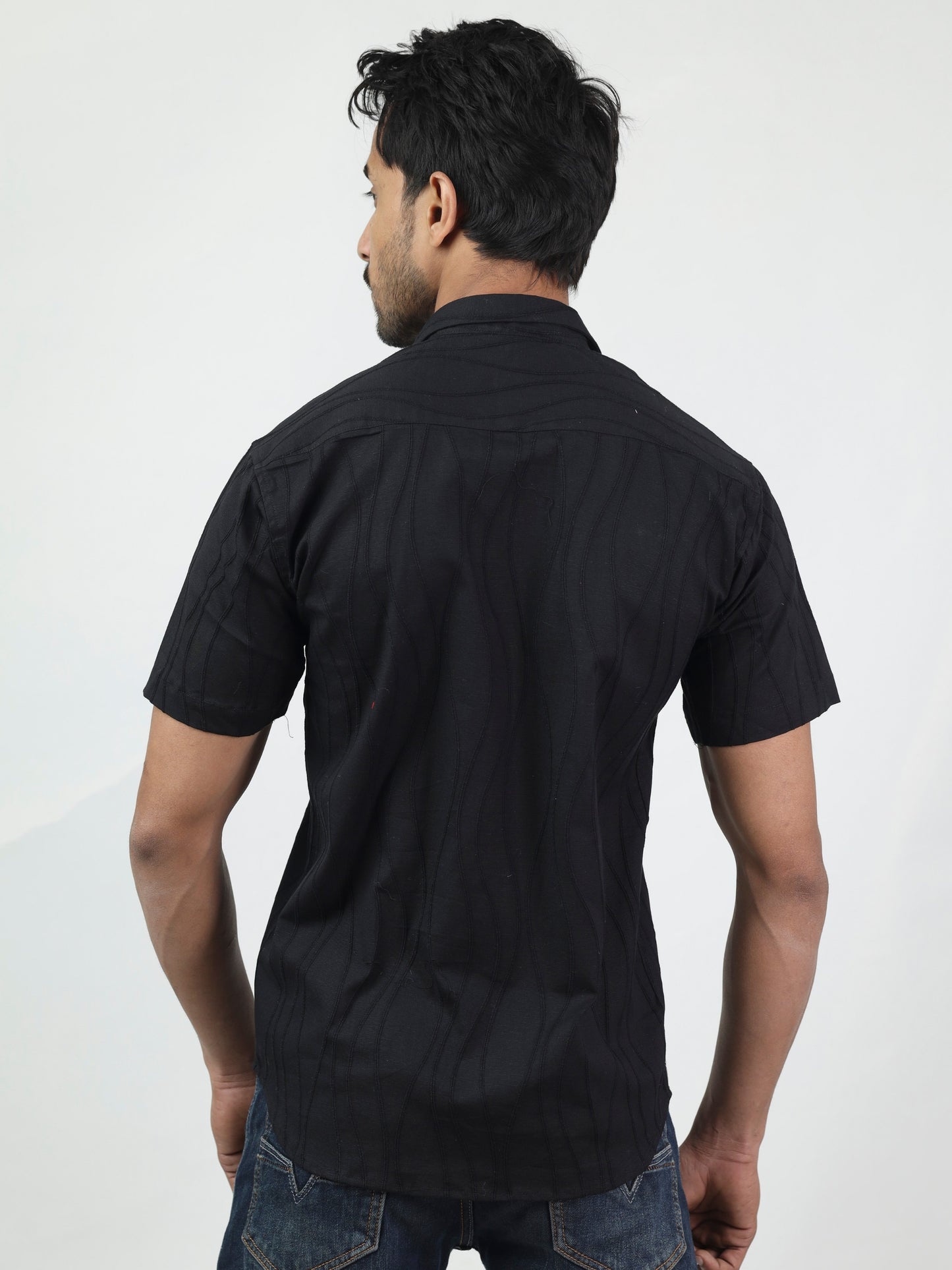 Black N Black Wave Textured Half Sleeve Black Shirt