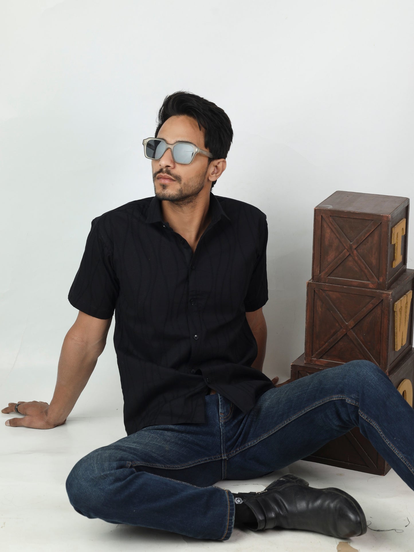 Black N Black Wave Textured Half Sleeve Black Shirt