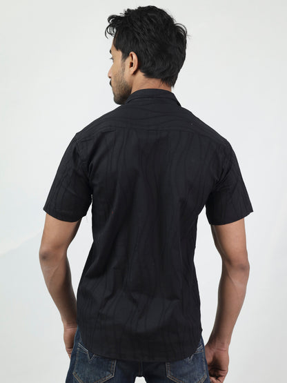 Black N Black Wave Textured Half Sleeve Black Shirt